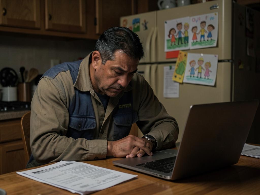 An exhausted business owner working late at his kitchen table