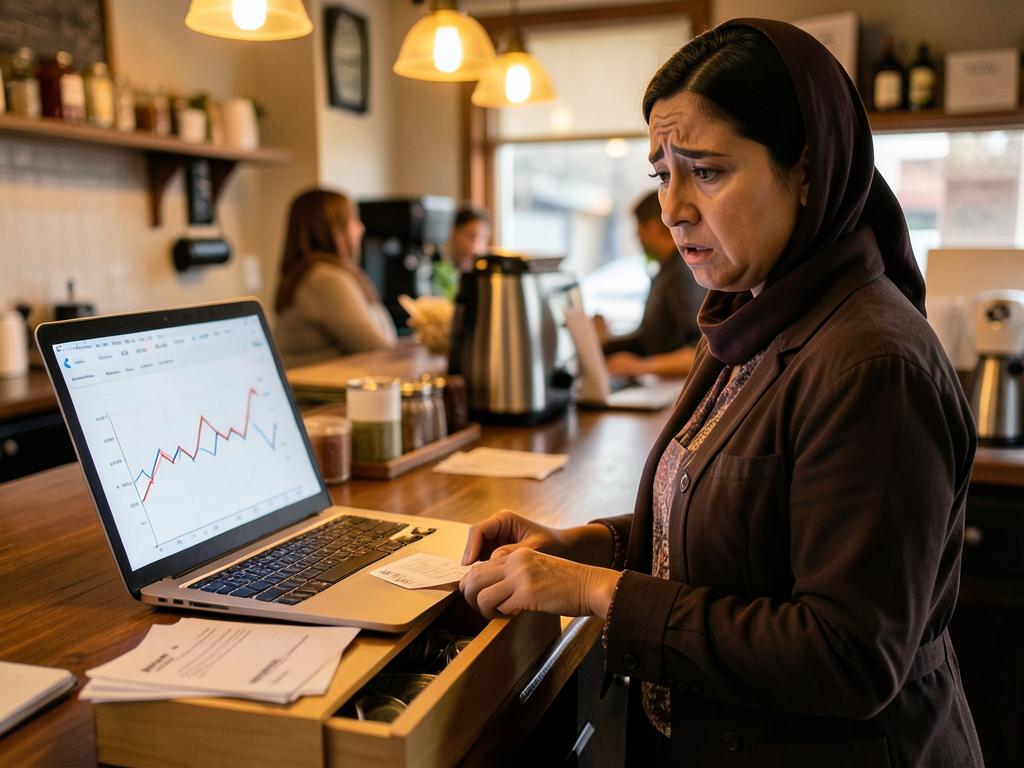 A cafe owner worried over receipts and a declining cash chart