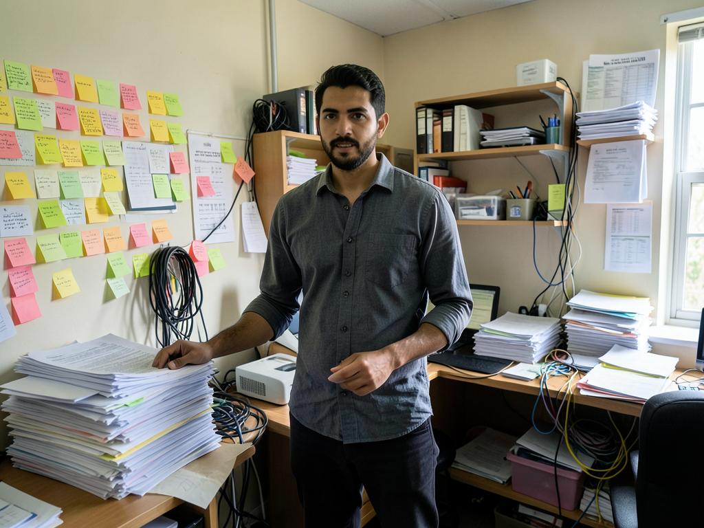A man in a cluttered back office surrounded by paperwork and sticky notes