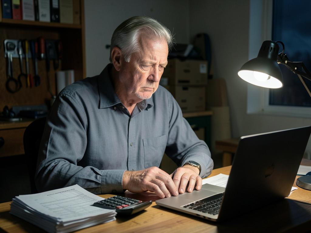 A shop owner reviewing payroll costs late at night with a calculator
