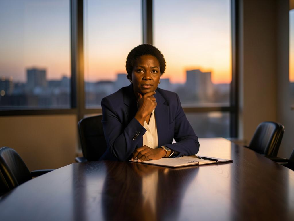 A woman business owner alone at a boardroom table, weighing a major decision