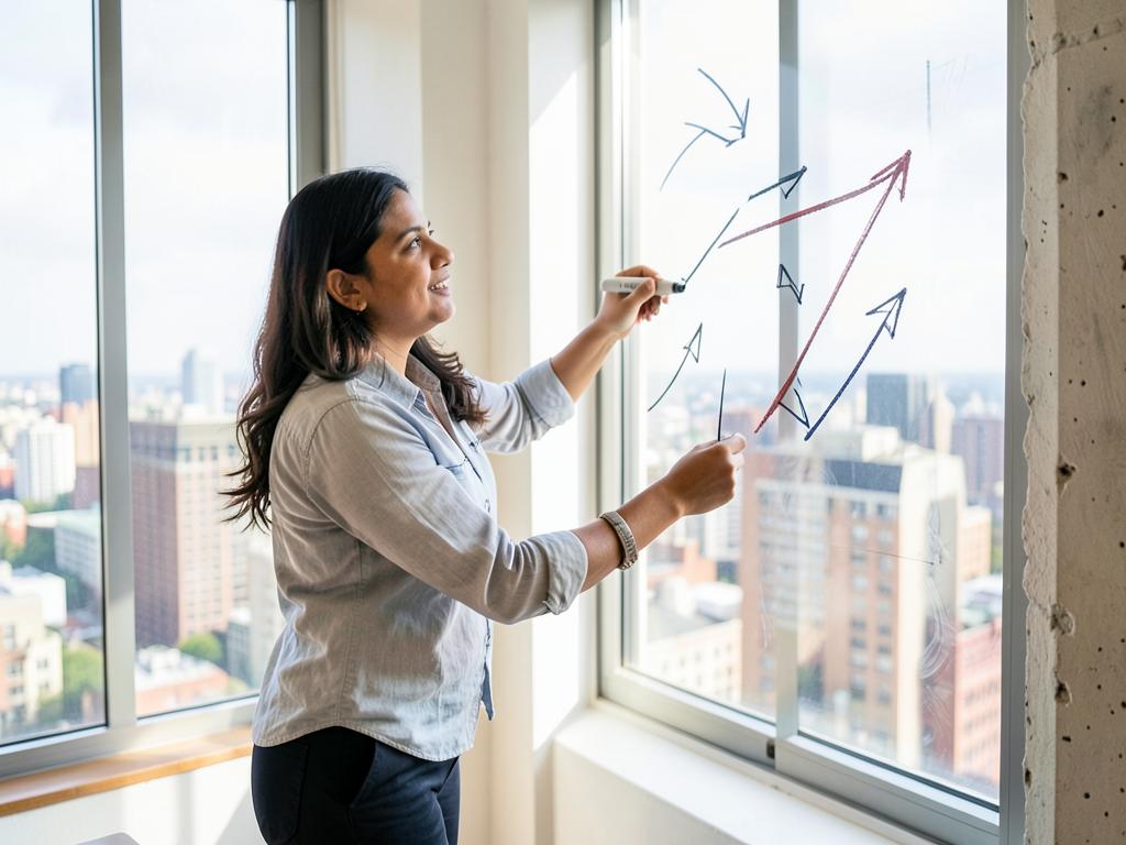 A woman founder sketching growth arrows on a window over the city