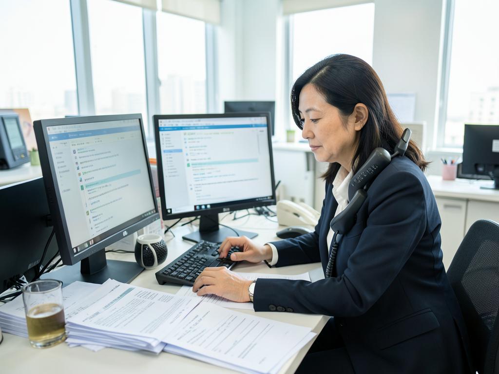 A woman buried in admin work across two monitors with a phone on her shoulder